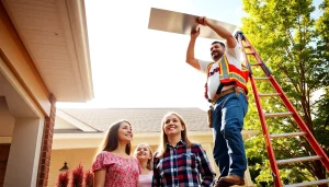 Affordable roofer near Flowery Branch, GA inspecting a roof with happy homeowners.