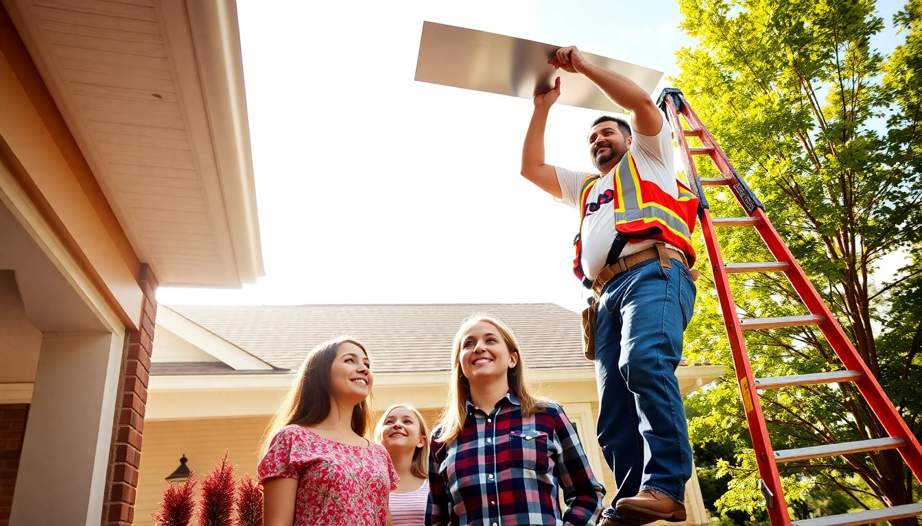 Affordable roofer near Flowery Branch, GA inspecting a roof with happy homeowners.