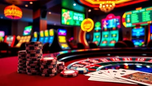 Experience high-stakes excitement with HU88-themed poker chips and a roulette table in this vibrant casino scene.