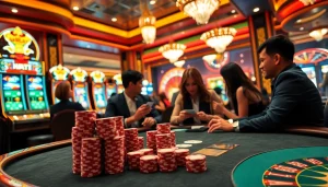 Engaged players strategizing a hand in a NK88 poker game at a luxurious casino table.