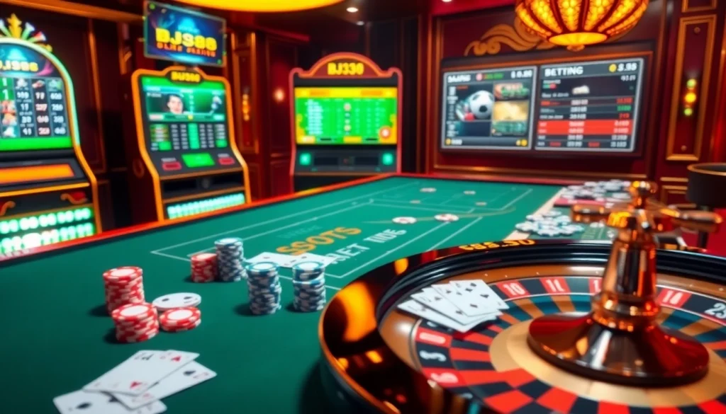 Engaging BJ38 online casino scene with vibrant poker chips and roulette wheel, creating excitement.