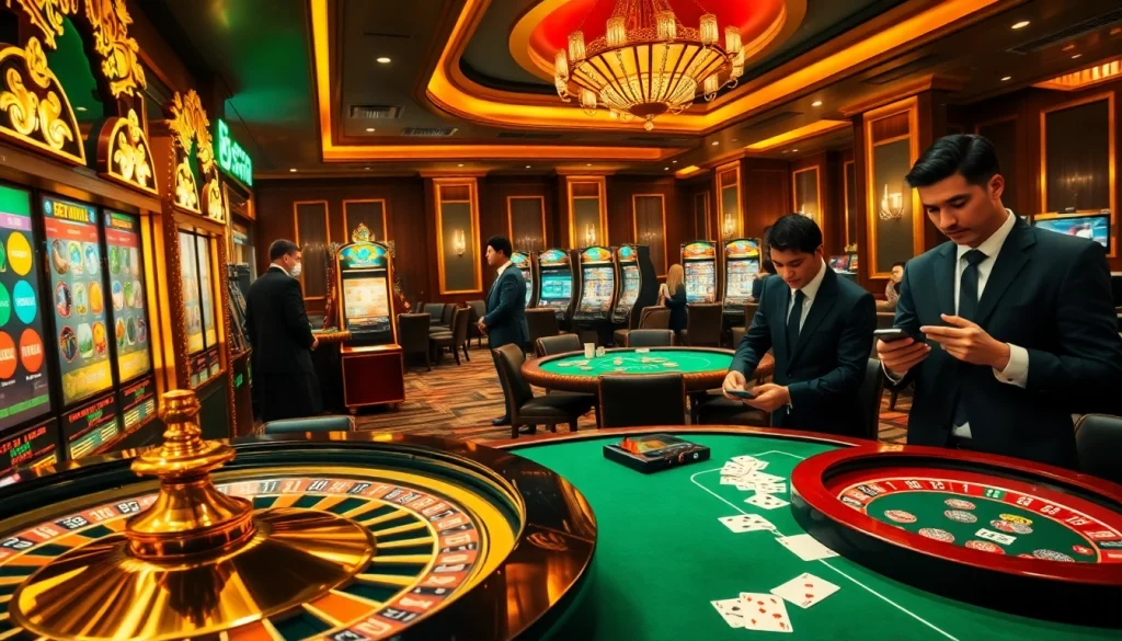 Engaging scene of online gambling excitement with I5BET at https://i5bet.it.com/, showcasing vibrant slot machines and poker tables.