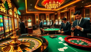 Engaging scene of online gambling excitement with I5BET at https://i5bet.it.com/, showcasing vibrant slot machines and poker tables.