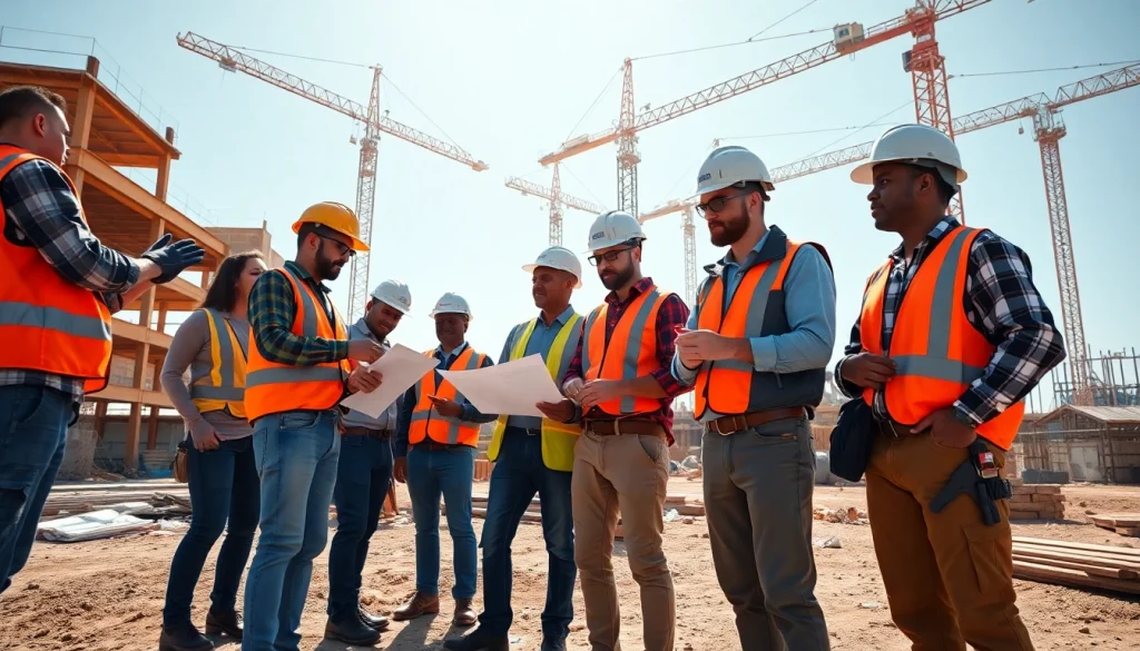Construction association South Carolina workers collaborating on site with cranes in the background, highlighting teamwork.
