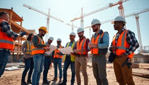 Construction association South Carolina workers collaborating on site with cranes in the background, highlighting teamwork.