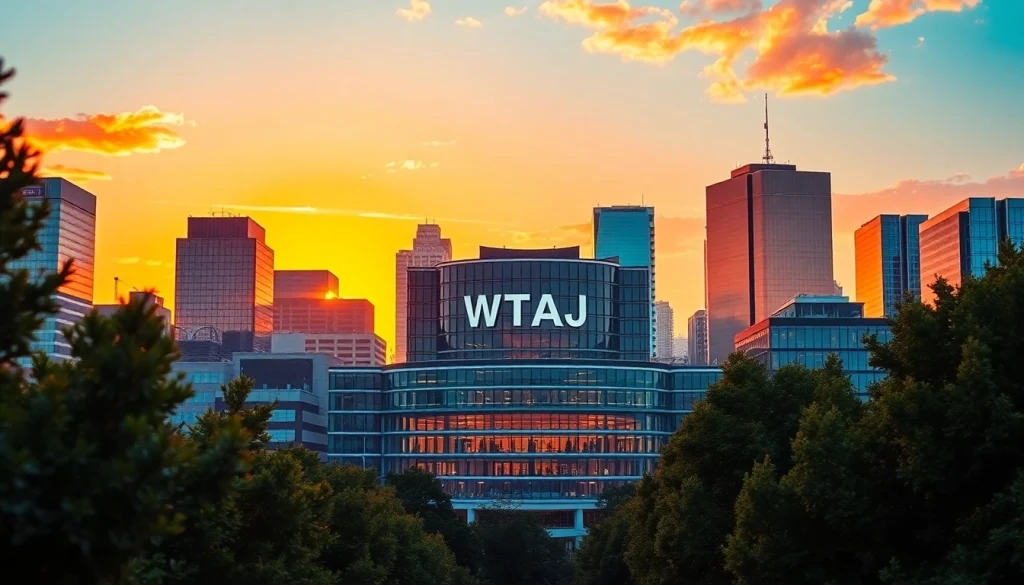 WTAJ television studio against a vibrant sunset skyline, showcasing a lively urban environment.