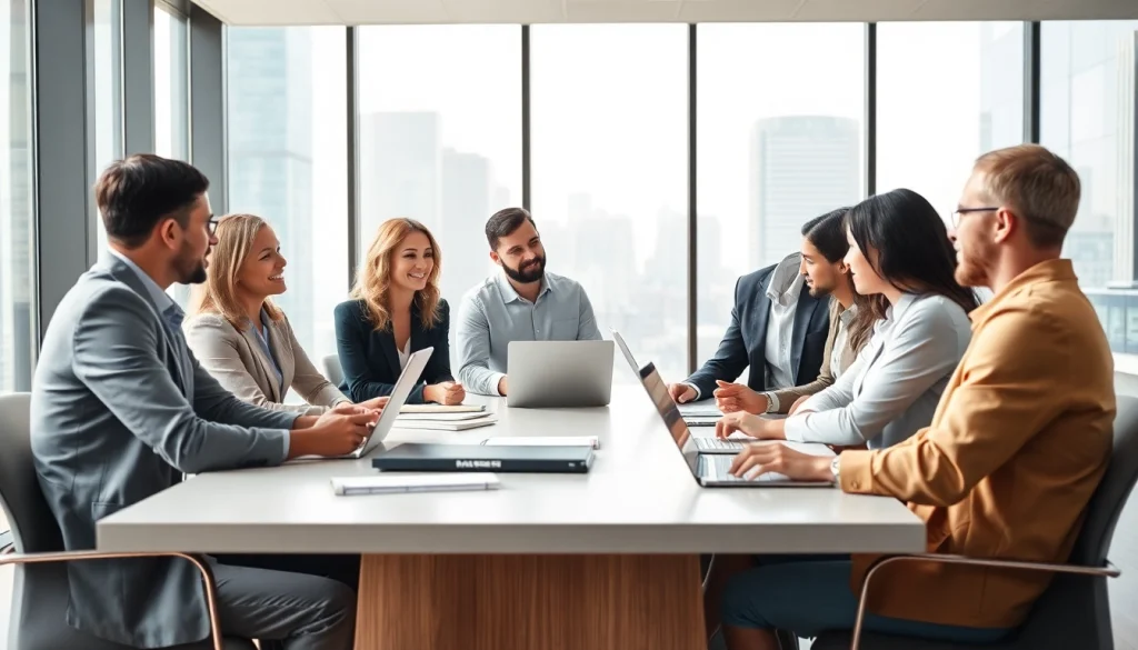 Engaged business professionals discussing strategies to hire sales reps in a modern office.