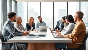 Engaged business professionals discussing strategies to hire sales reps in a modern office.