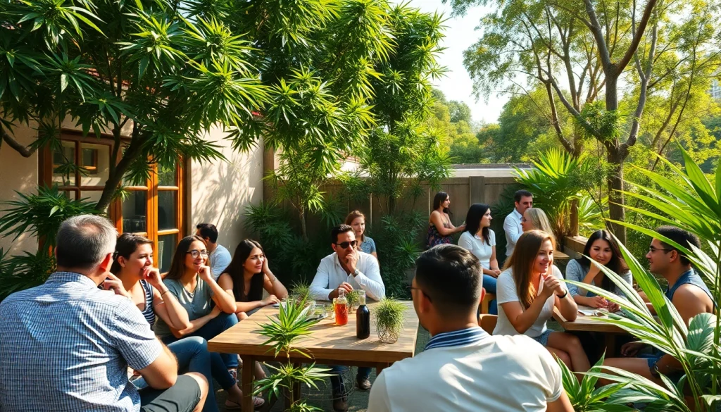 Clubs Cannabis Madrid animés avec des membres profitant d'une atmosphère conviviale en plein air.