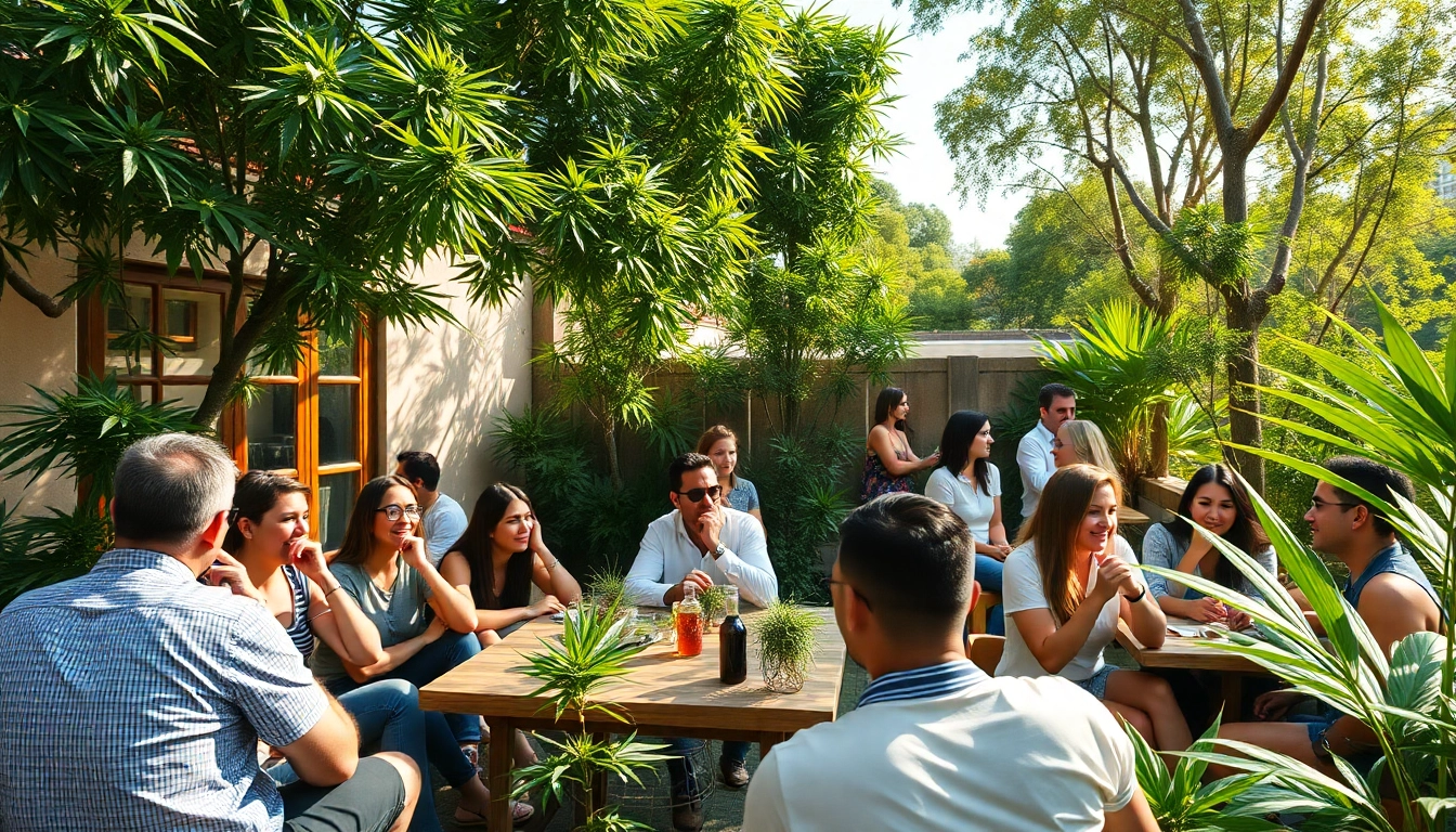 Clubs Cannabis Madrid animés avec des membres profitant d'une atmosphère conviviale en plein air.