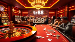 Players engaged in thrilling gameplay at TR88 casino, featuring roulette and poker tables.
