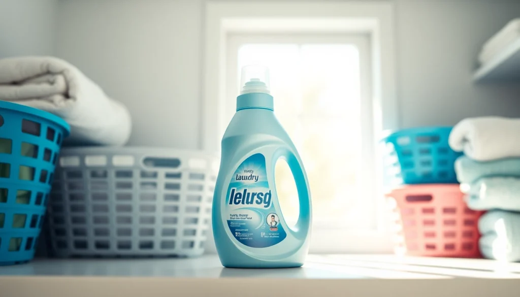 Showcasing a laundry detergent bottle in a bright laundry room setting with colorful laundry elements.