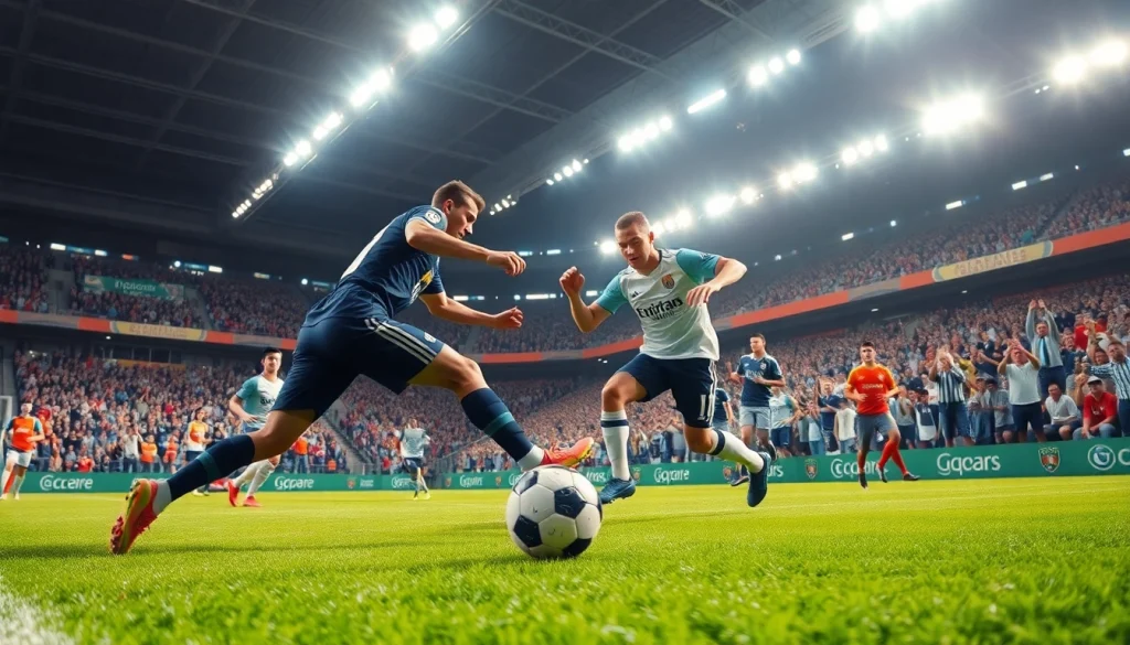 Soccer match highlights with players and score update for ผลบอลสด in an energetic stadium.