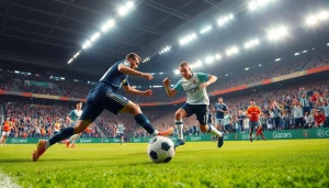 Soccer match highlights with players and score update for ผลบอลสด in an energetic stadium.