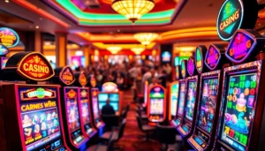 Bolamat21 slot machines lit up in a vibrant casino atmosphere, engaging players with thrilling gameplay.