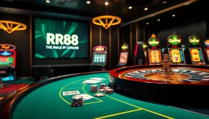 RR88 online casino experience with a luxurious blackjack table and vibrant slot machines.