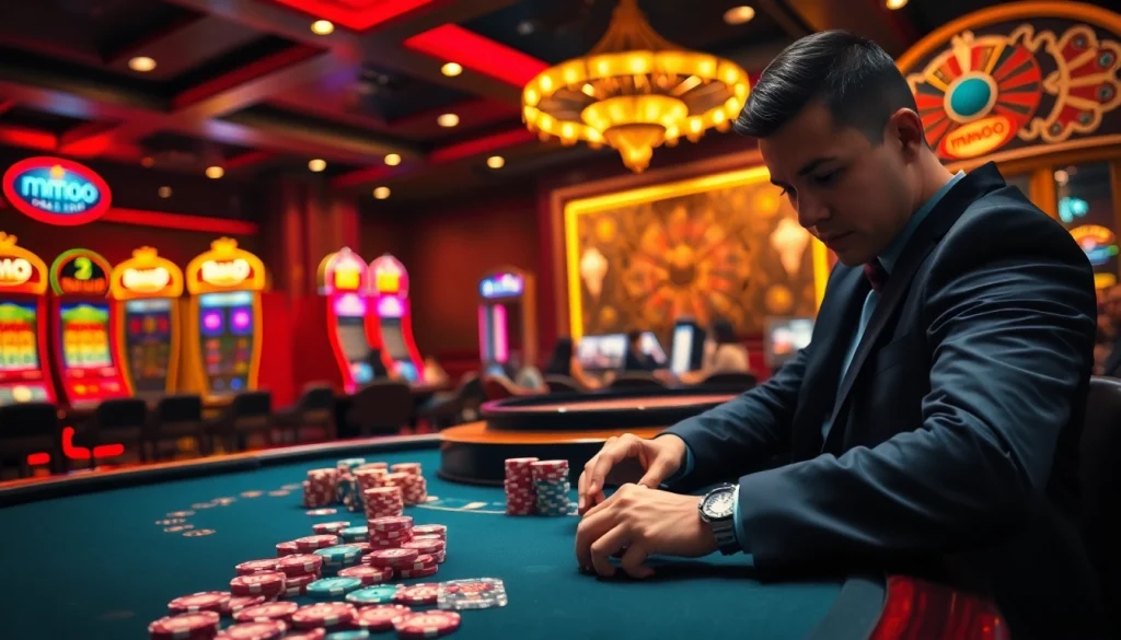 Exciting gambling scene at MMOO casino featuring poker chips and roulette wheel