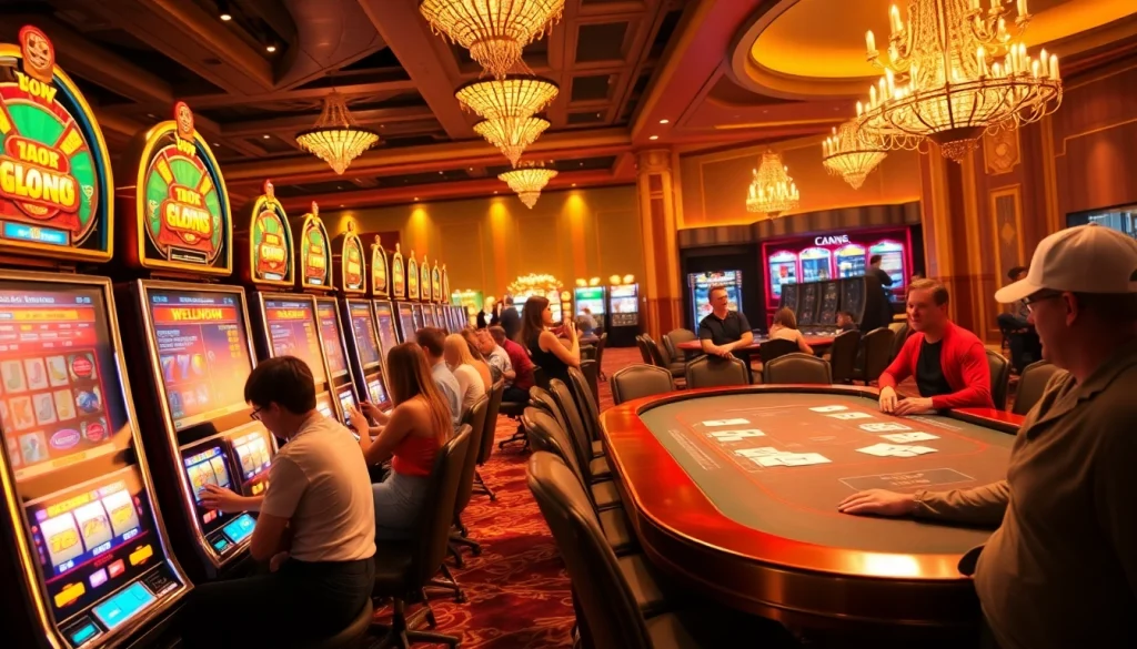 Players enjoying idn slot games at vibrant casino machines with colorful displays.