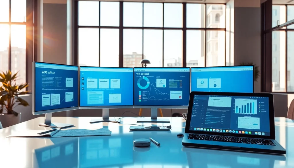 具备先进技术的动态办公空间，多个屏幕上显示 WPS下载。