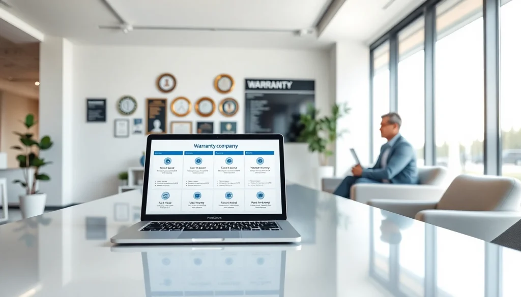 Engaging scene within a digital first warranty company office, showcasing professional interactions.