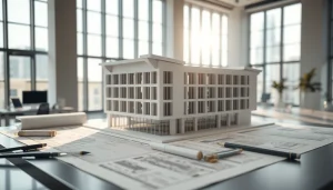 Architekturmodellbau Bremen: Detailliertes architektonisches Modell in modernem Büro mit Licht.