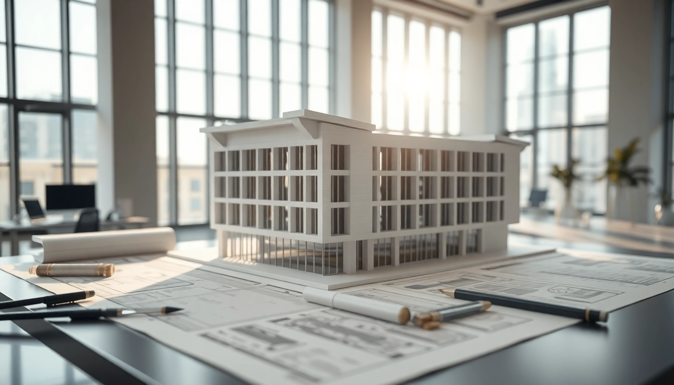 Architekturmodellbau Bremen: Detailliertes architektonisches Modell in modernem Büro mit Licht.