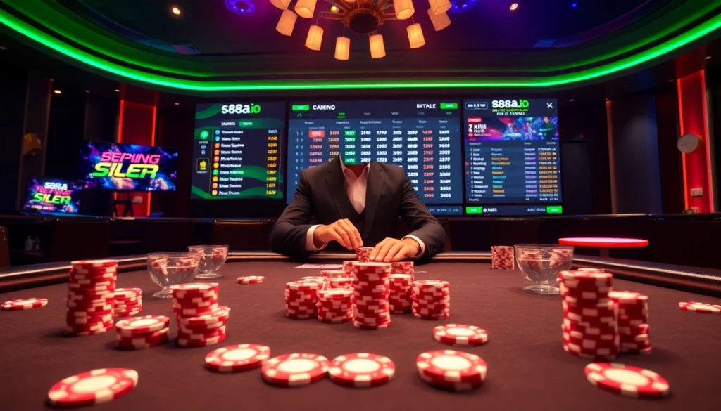 S88a.io online gambling scene with casino table, poker chips, and betting interface.
