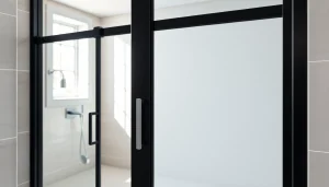 Black shower sliding door in a modern bathroom, featuring polished glass and sleek design.