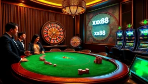 Gambler placing bets at the luxurious xx88 poker table in a vibrant casino.