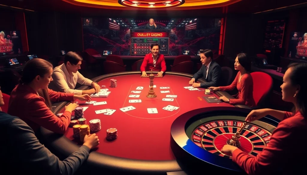 Engaging poker scene highlighting nhà cái uy tín with vibrant chips and cards, capturing casino excitement.