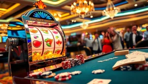 Nổ hũ slot machine celebration in a vibrant casino with poker chips and classic symbols.
