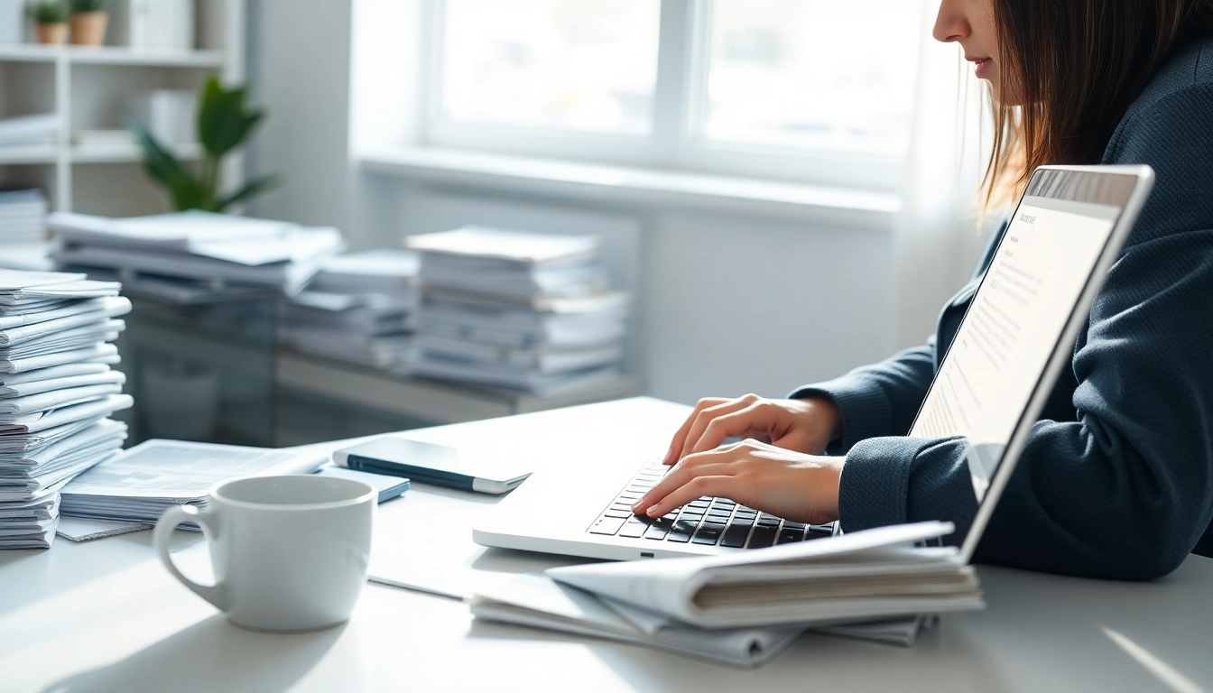 Engaged journalist composing an article for Usa Today amidst stacks of newspapers.