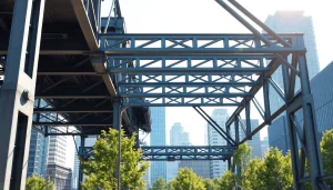 Visualizing a steel structure design in a modern urban setting, highlighting engineering beauty and durability.