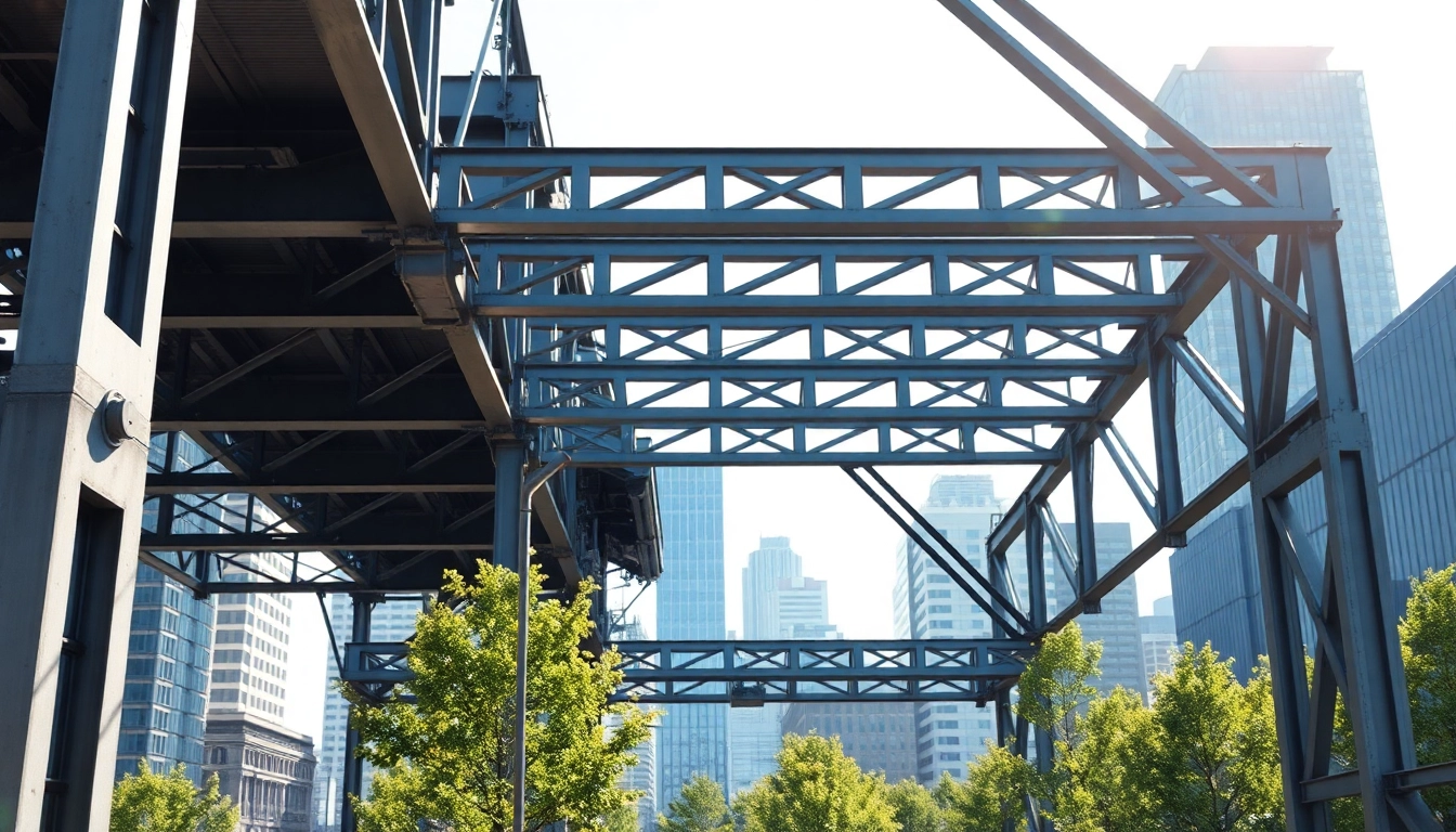 Visualizing a steel structure design in a modern urban setting, highlighting engineering beauty and durability.