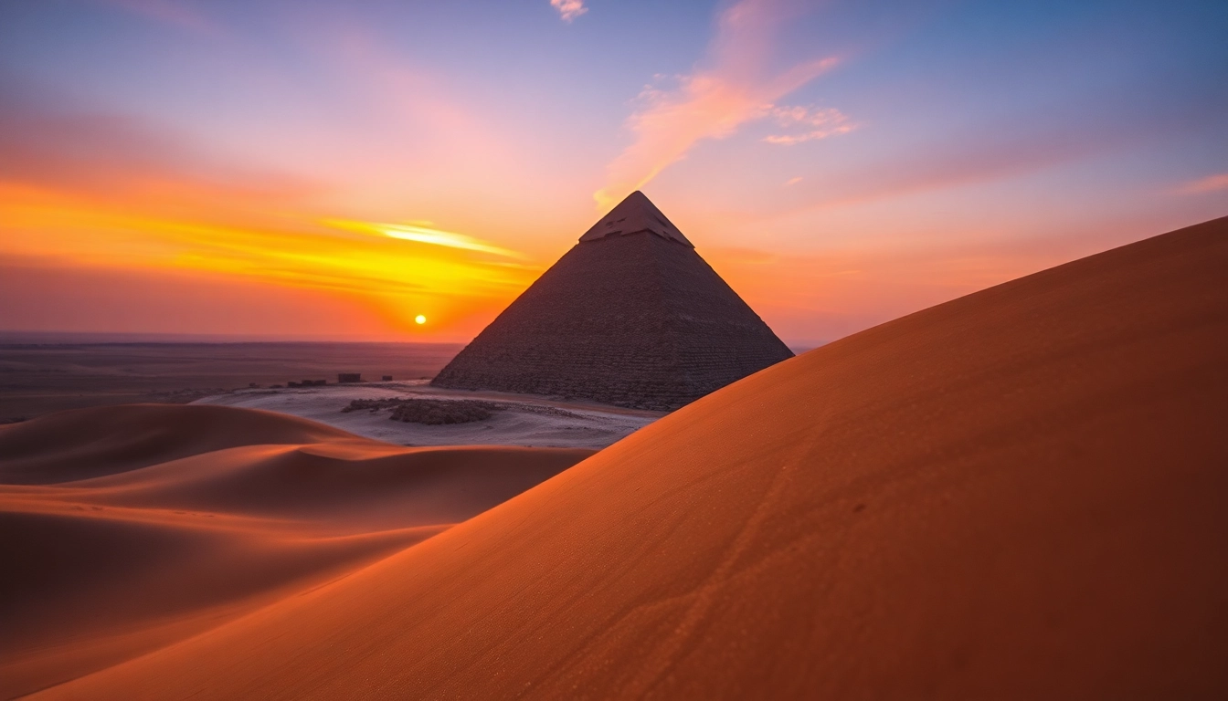 Pyraminds capture the essence of ancient history with majestic structures against a sunset.