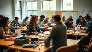 Students actively learning in construction classes, engaging with tools and projects in a modern classroom setting.