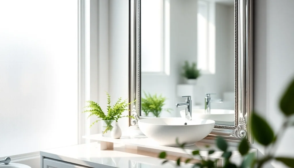 Showcase of an elegant bathroom mirror with chrome framing reflecting stylish decor.