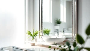 Showcase of an elegant bathroom mirror with chrome framing reflecting stylish decor.