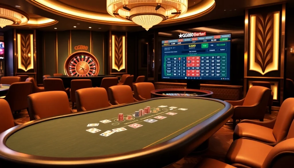 GG88 poker table with luxurious elements, inviting atmosphere of a premium casino.