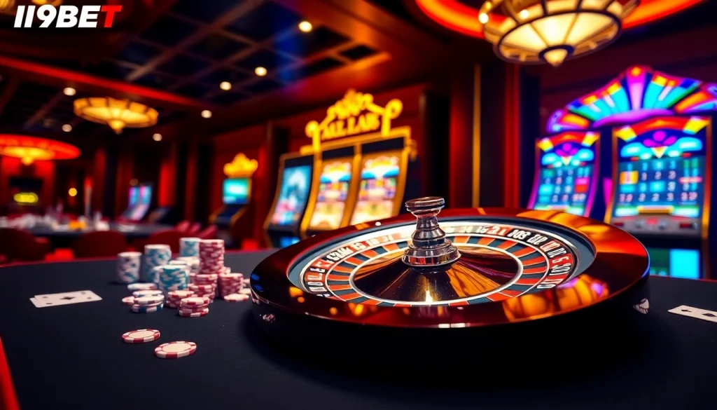 I9BET casino scene showcasing exciting roulette gameplay and vibrant slot machines.