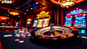 I9BET casino scene showcasing exciting roulette gameplay and vibrant slot machines.