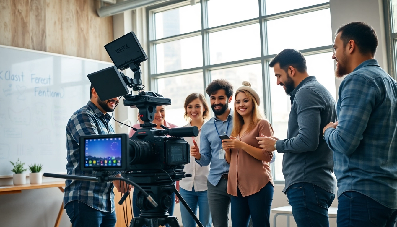 Engaged professionals during corporate video production Phoenix, showcasing teamwork and high-tech equipment.