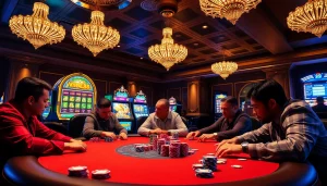 High-stakes poker players enjoying a thrilling game at a vibrant casino table on viral88 platform.