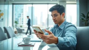 User checking rates on https://m.check-rates.com while working in a modern office setting.