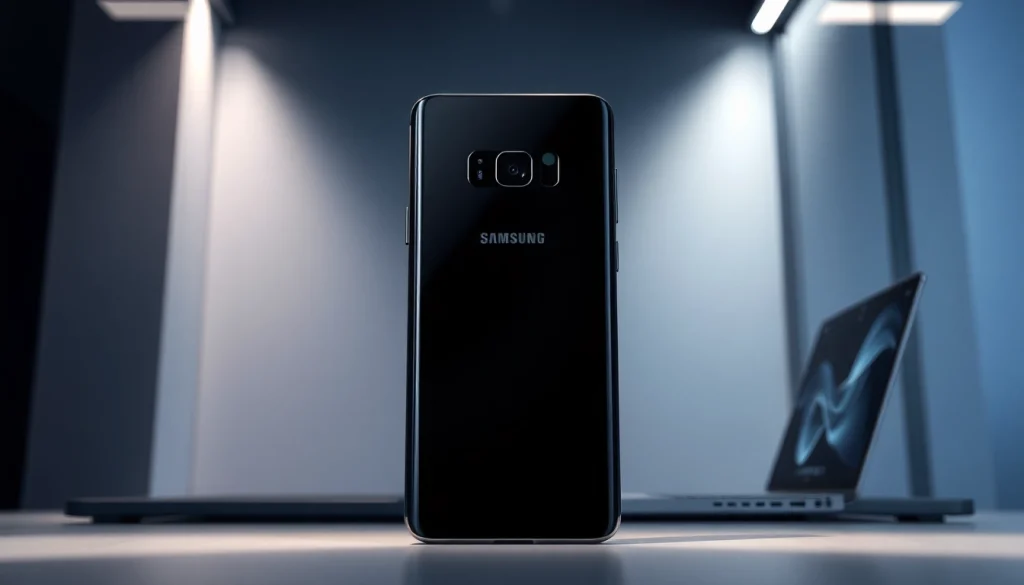 Showcasing the Samsung Galaxy S8 smartphone with its sleek design and edge-to-edge display in a modern setting.