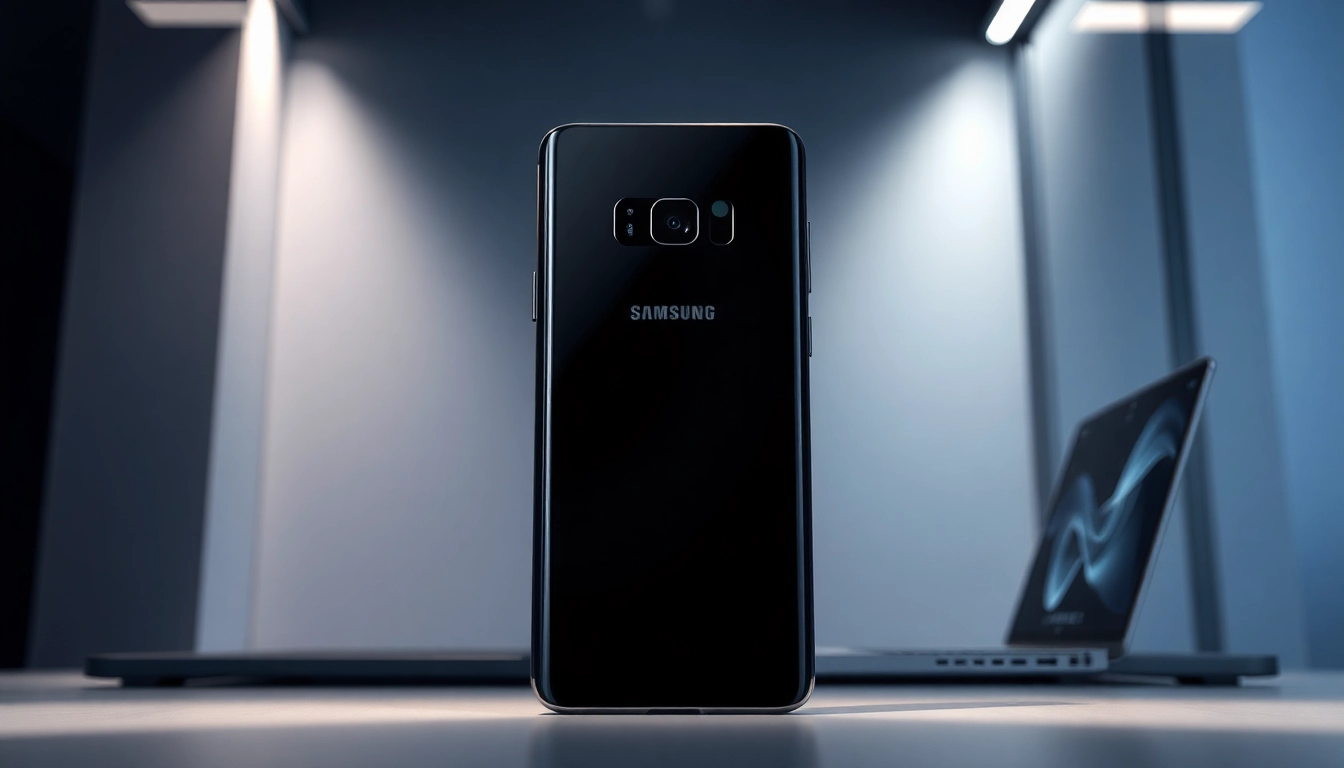 Showcasing the Samsung Galaxy S8 smartphone with its sleek design and edge-to-edge display in a modern setting.