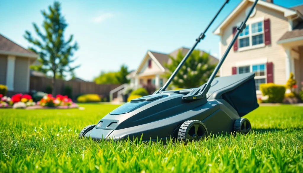Efficient electric lawn mower cordless cutting grass in a sunny garden.