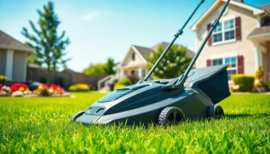 Efficient electric lawn mower cordless cutting grass in a sunny garden.