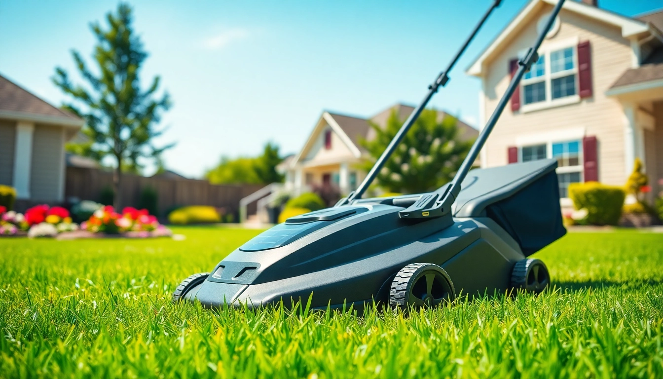Efficient electric lawn mower cordless cutting grass in a sunny garden.