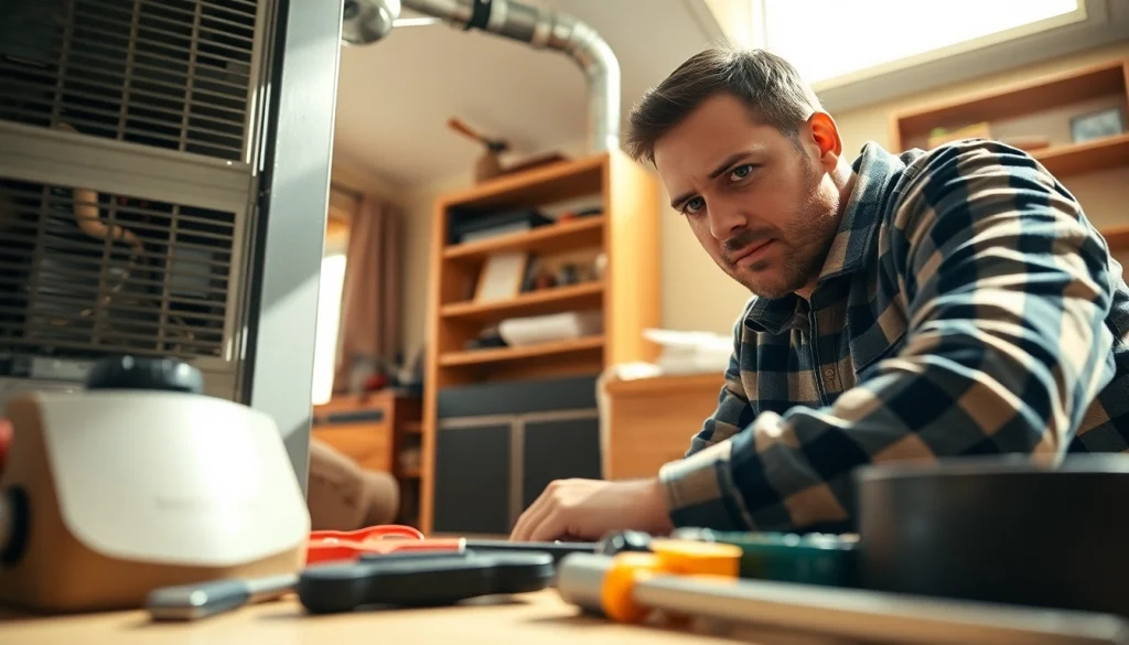 Experience quality furnace repair Waccabuc with a technician inspecting a cozy home's heating system.